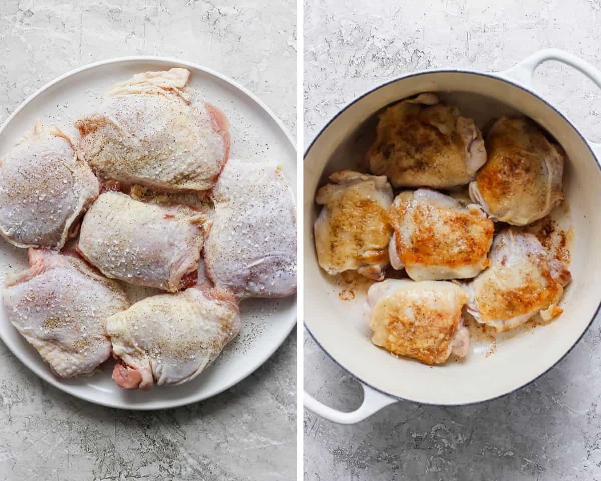 Six chicken thighs on a plate seasoned with salt and pepper and then seared in a dutch oven.