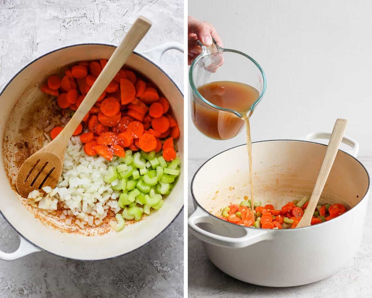 Chopped carrots, celery, and onion added to the dutch oven with a wooden spoon. Chicken broth being poured into the dutch oven.