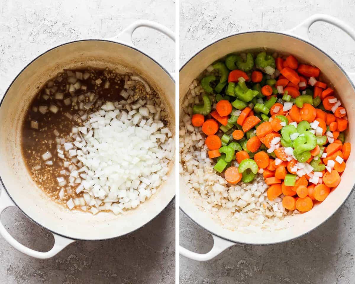 Two images showing the garlic and onion in the pot and then with the carrots and celery added.