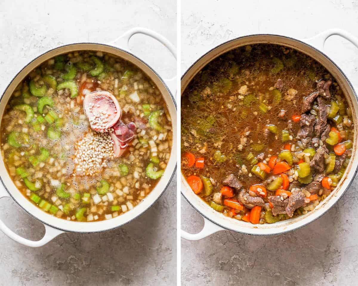 Two images showing everything added to the soup pot and then after simmering.