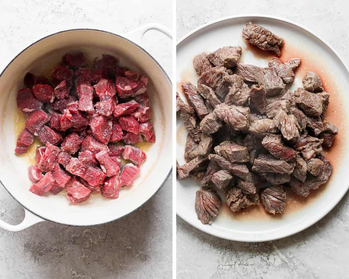 Two images showing the beef pieces in the pot and then on a plate after searing.