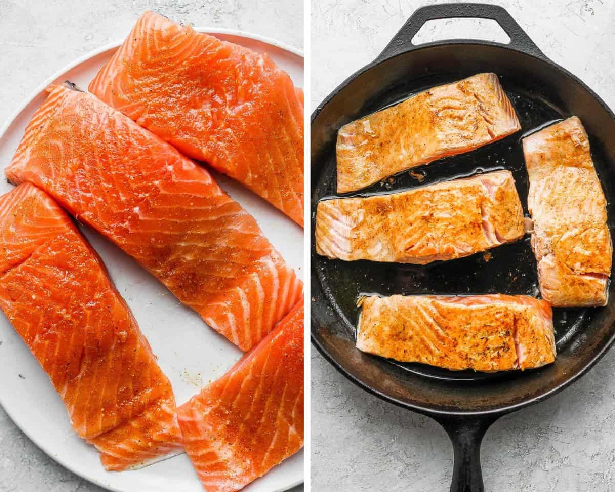Two images showing the seasoned salmon on a white plate and then being seared in a skillet.
