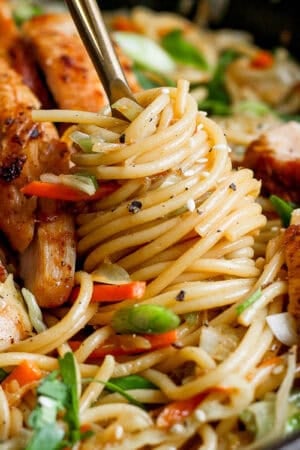 A cast iron skillet filled with homemade chicken chow mein with sliced chicken thighs and someone twirling pasta on a fork.