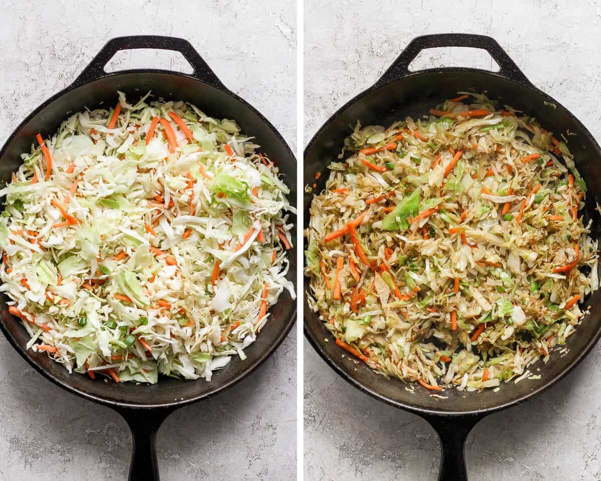 Two images showing the coleslaw mixture added to the pan and then after cooking for a few minutes.