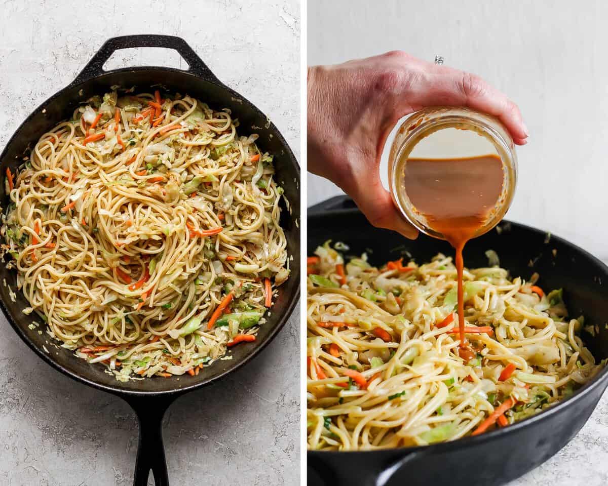 Two images showing the noodles added to the pan and the sauce being poured on top.