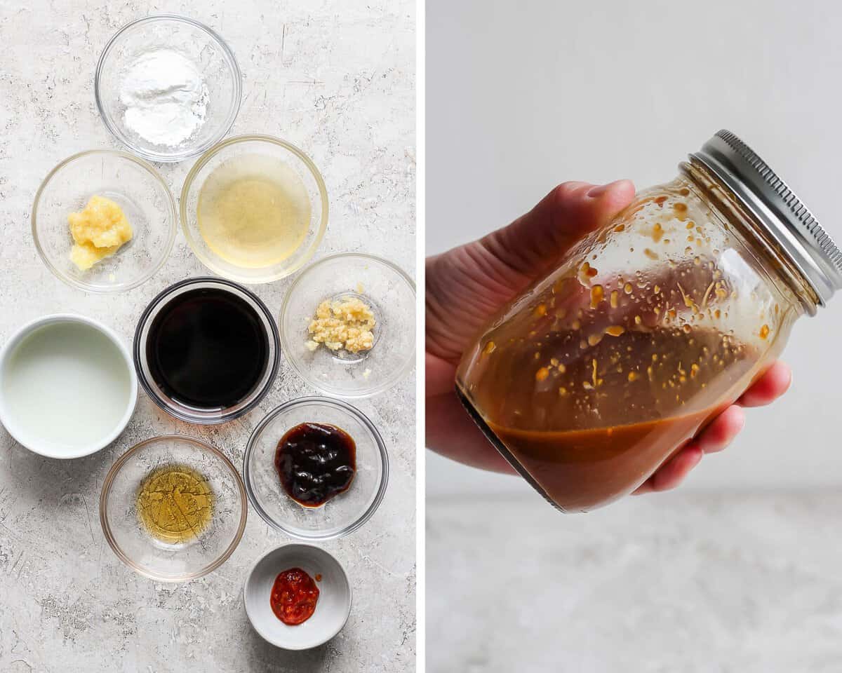 Individual bowls of cornstarch, soy sauce, ginger, garlic, oyster sauce, sesame oil, rice vinegar, chili garlic sauce, and chicken broth. All of those ingredients mixed in a mason jar.