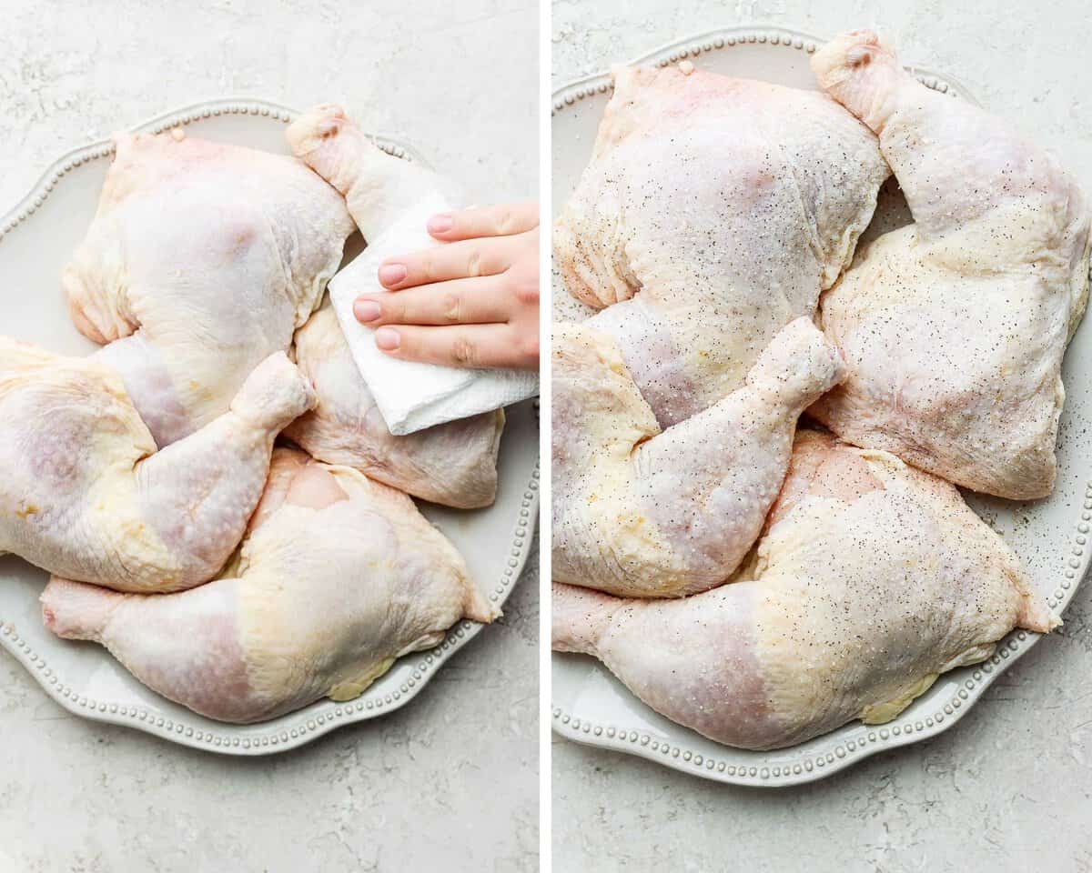 Two images showing the chicken quarters being pat dry and seasoned on a plate.