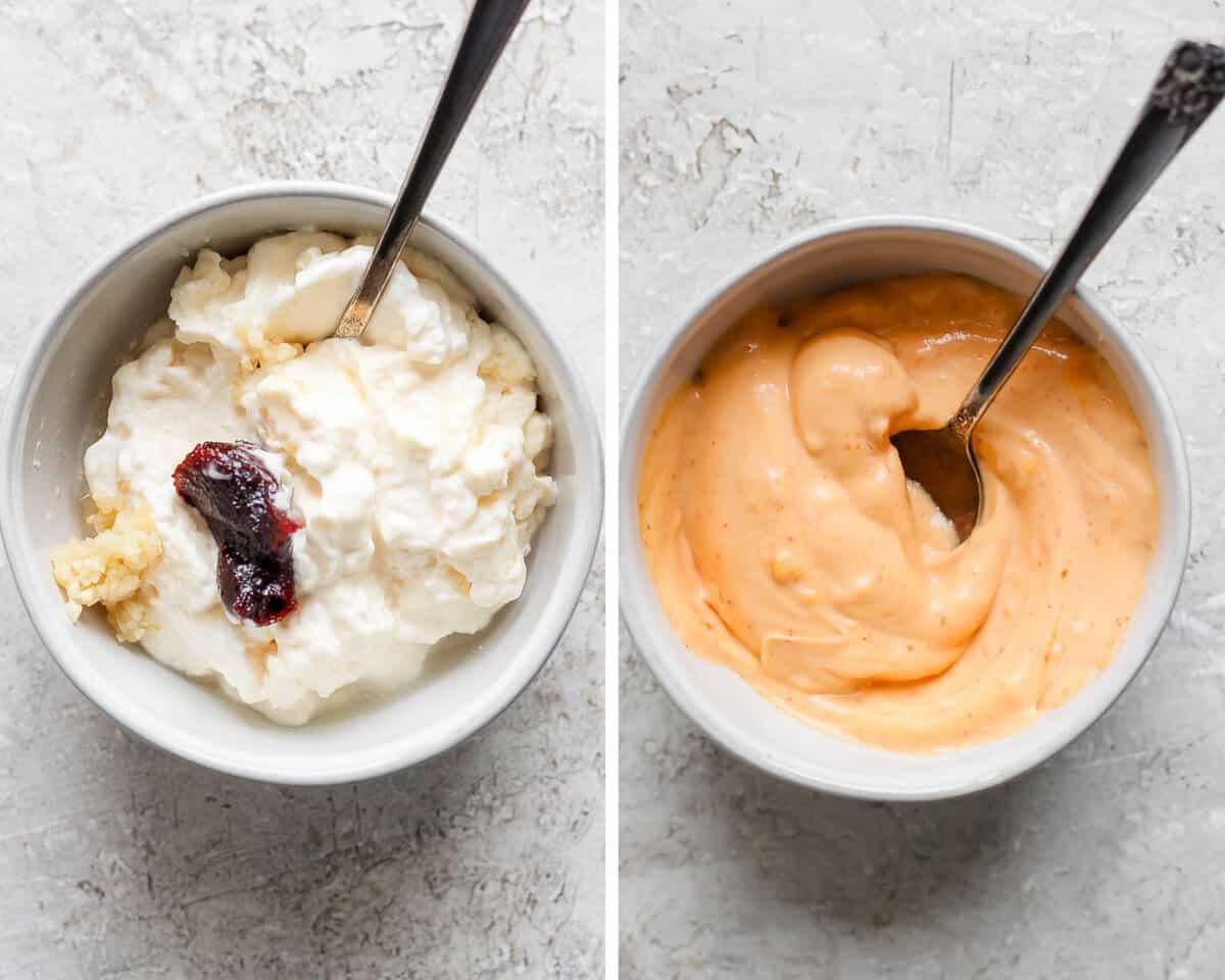 Two images of the mayo mixture in a small bowl before mixing and after mixing.