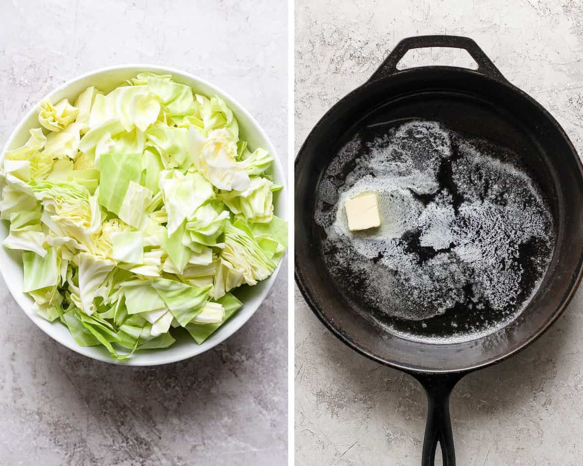 Two images showing the chopped cabbage in a bowl and butter melting in a skillet.