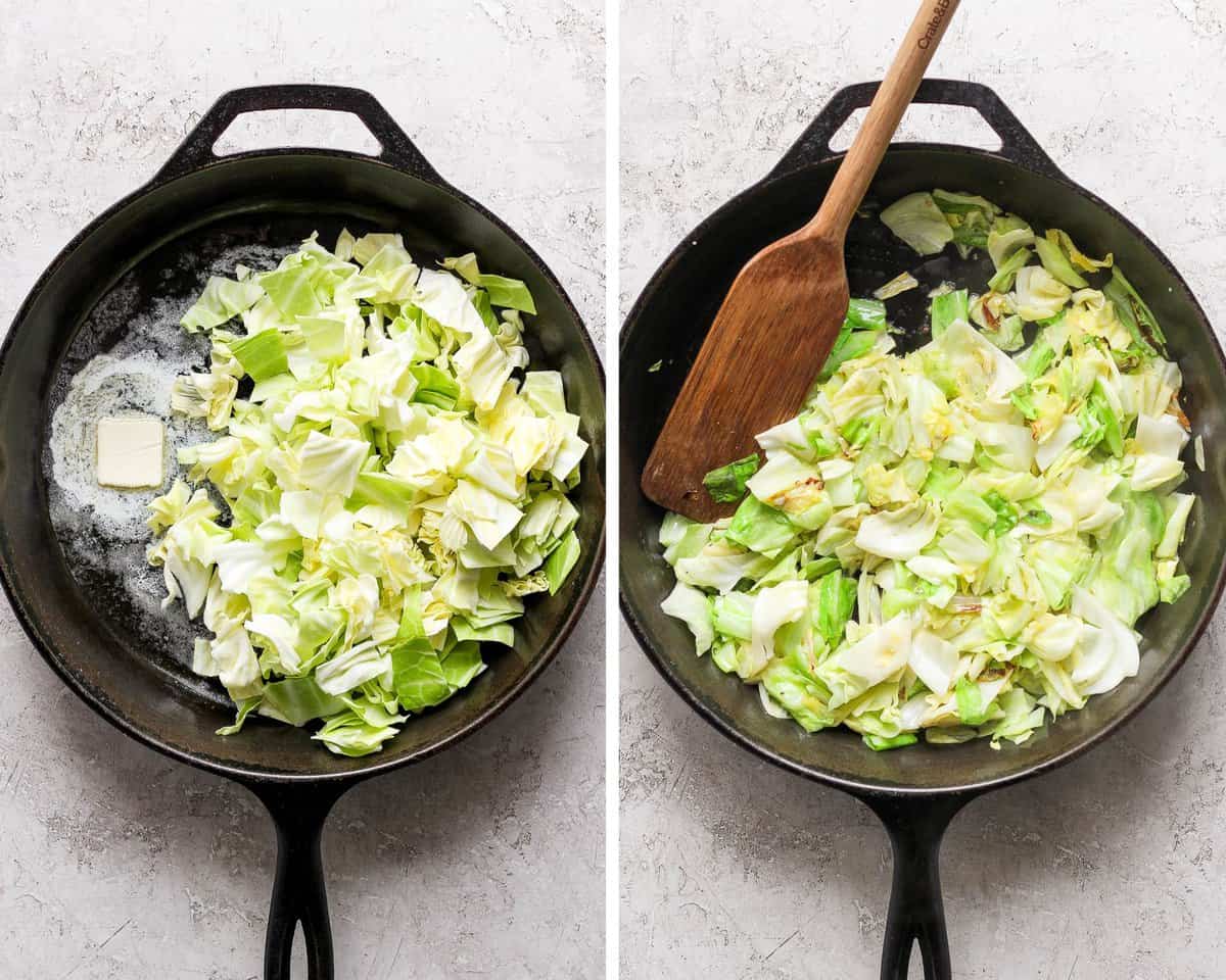 Two images showing the cabbage added to the pan and then after cooking for a few minutes.