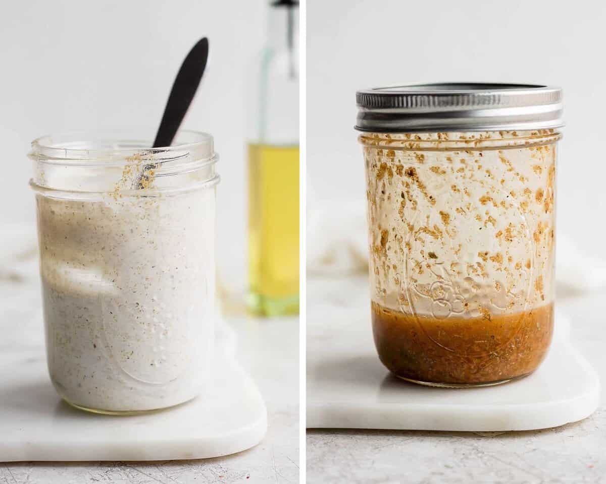 Two images showing our creamy southwest dressing and southwest vinaigrette, each in a mason jar.