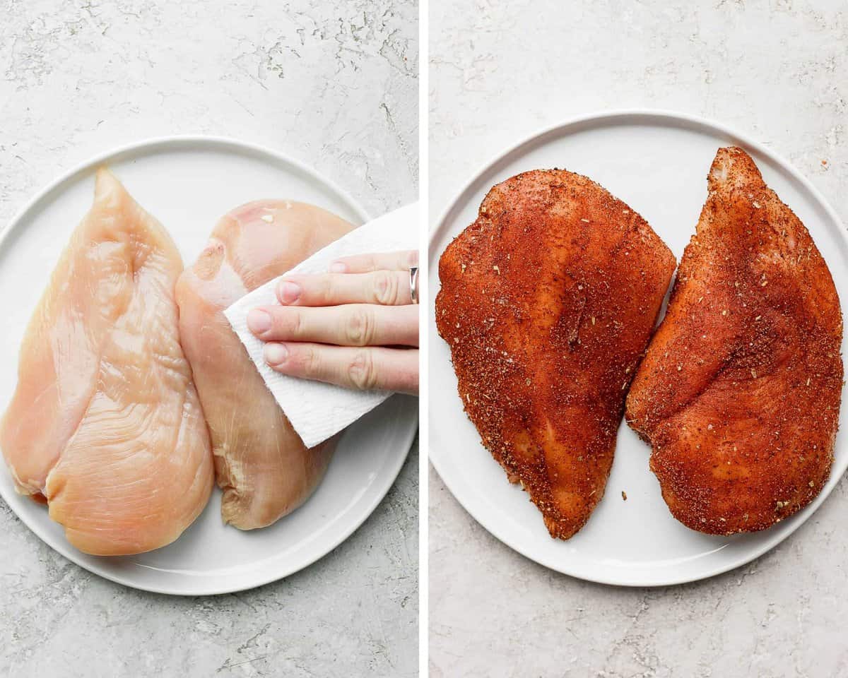 Two images showing the chicken breasts being pat dry and seasoned on a white plate.