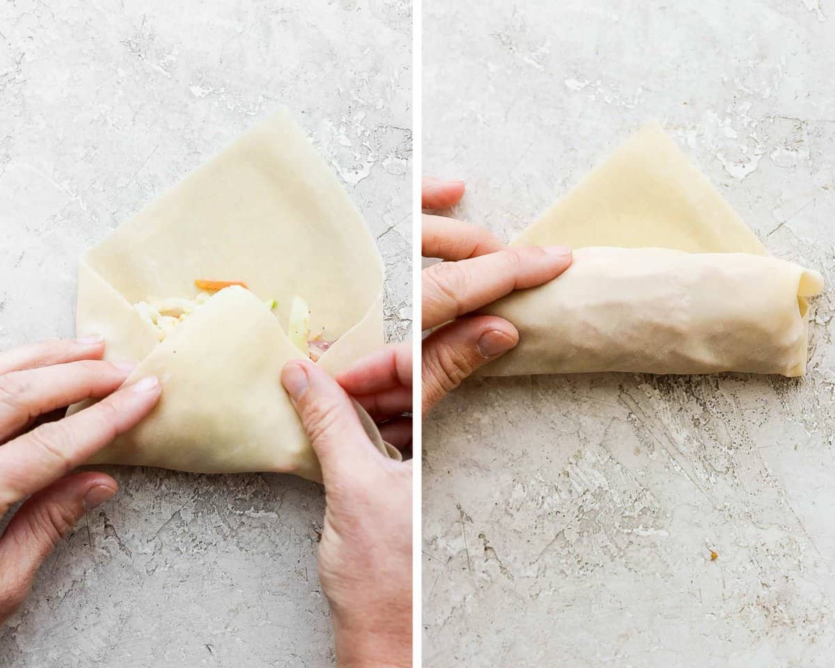 Two images showing two hand rolling up one egg roll.