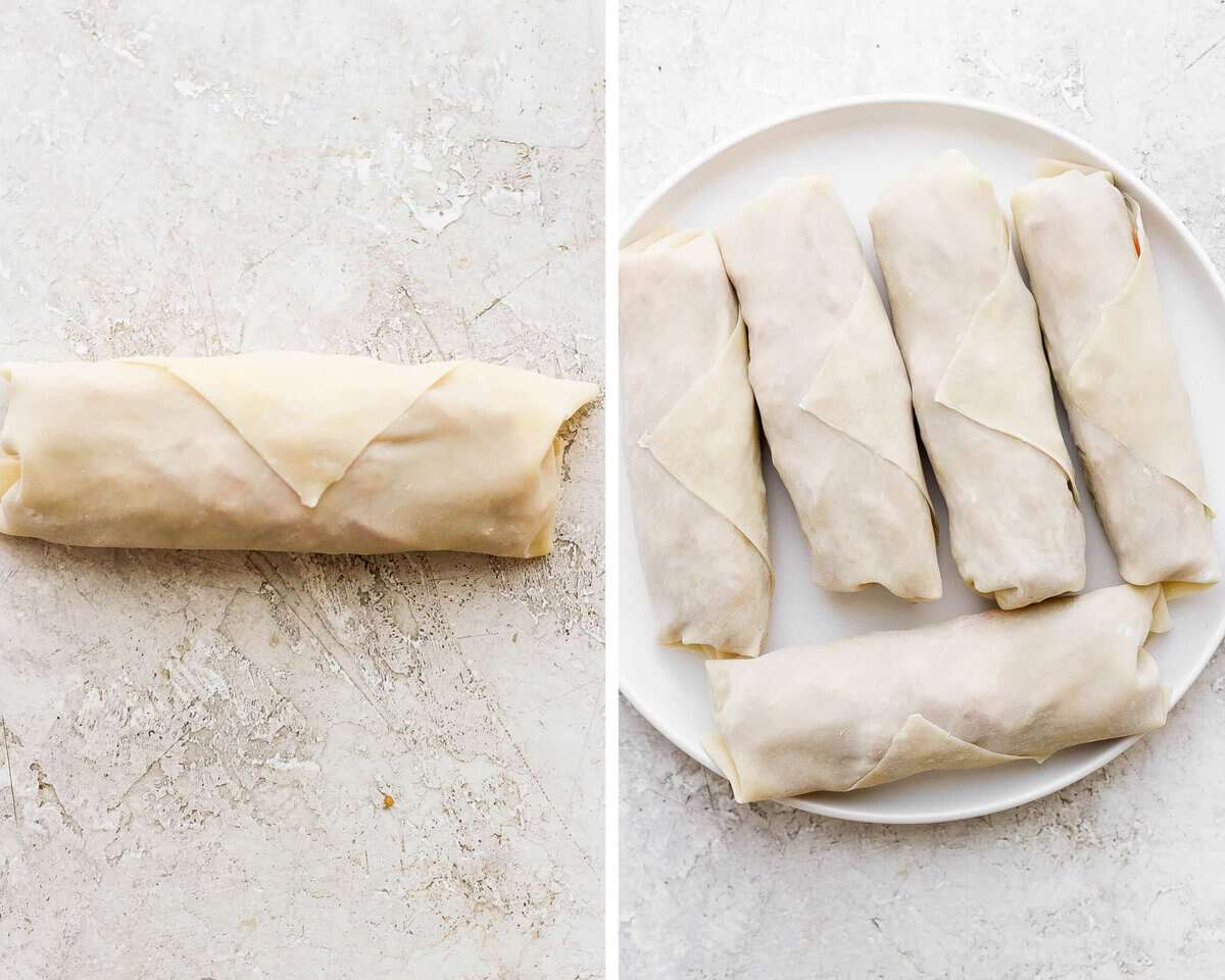 Two images showing one egg roll wrapped and then a white plate full of egg rolls.