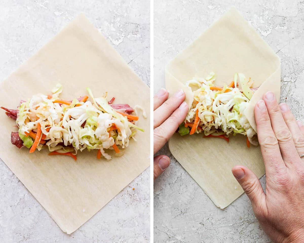 Two images showing the filling added to an egg roll wrapper and the sides being folded in.