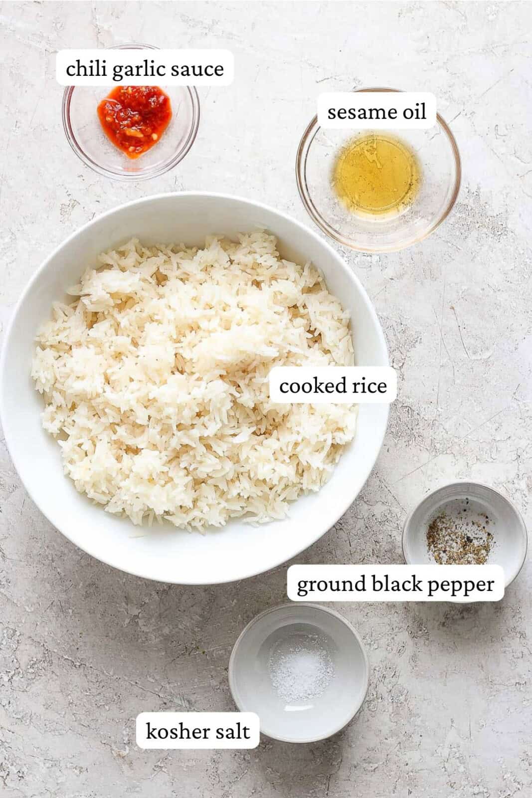 Ingredients for crispy rice separated into bowls.