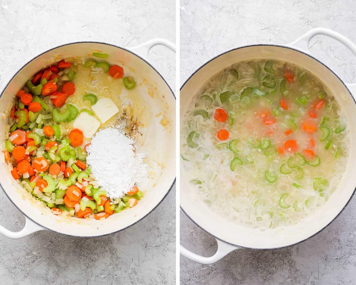 Two images showing the butter melting and flour added and then with the broth poured in.