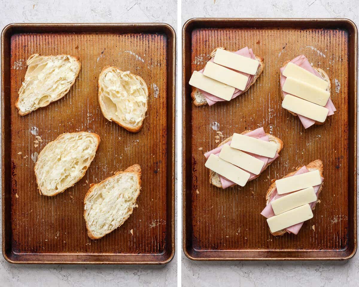 4 bottoms of croissants on a baking sheet topped with ham and three slices of cheese each.