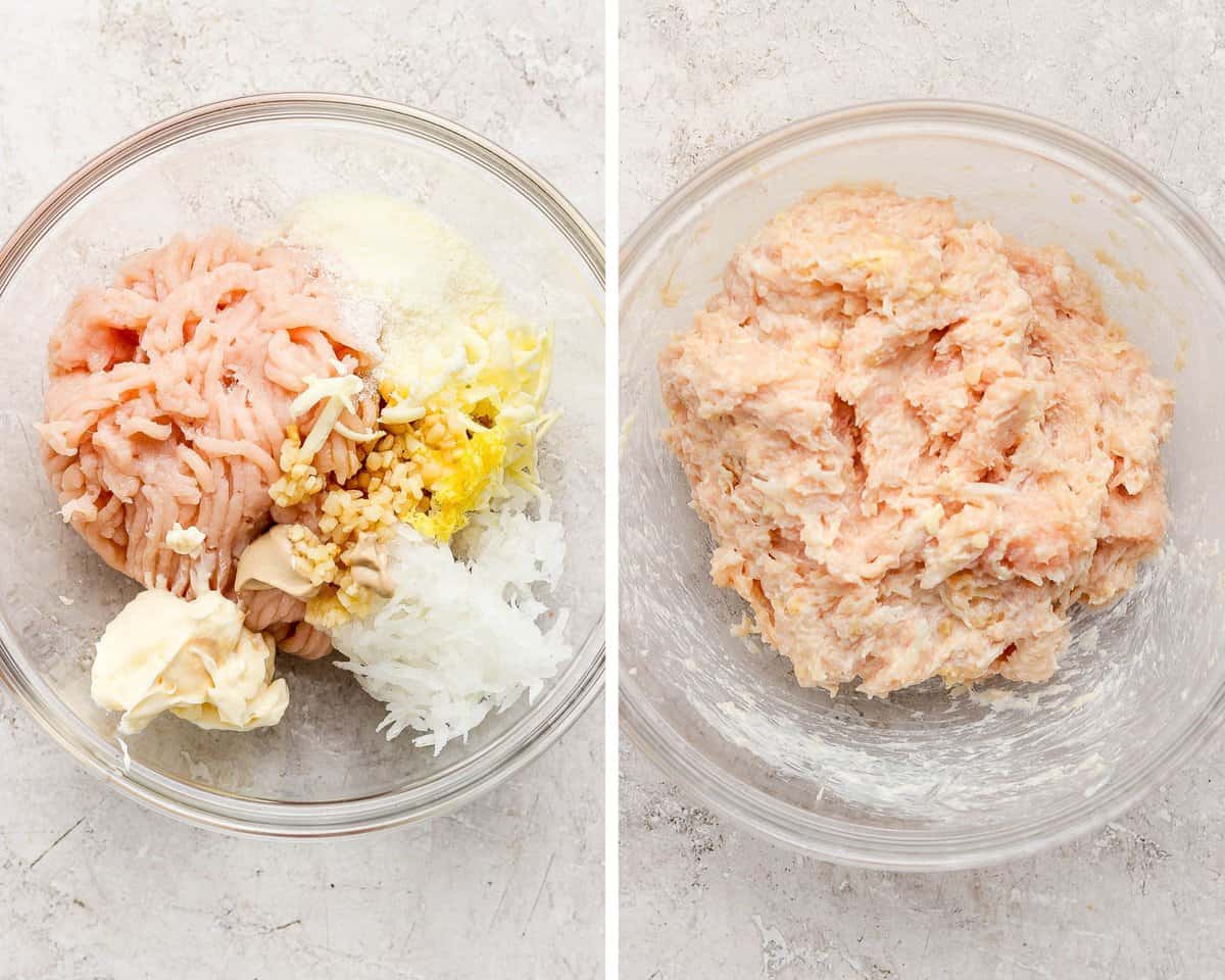 Ground chicken, mayo, garlic, onion, lemon, and parmesan all mixed together in a bowl.