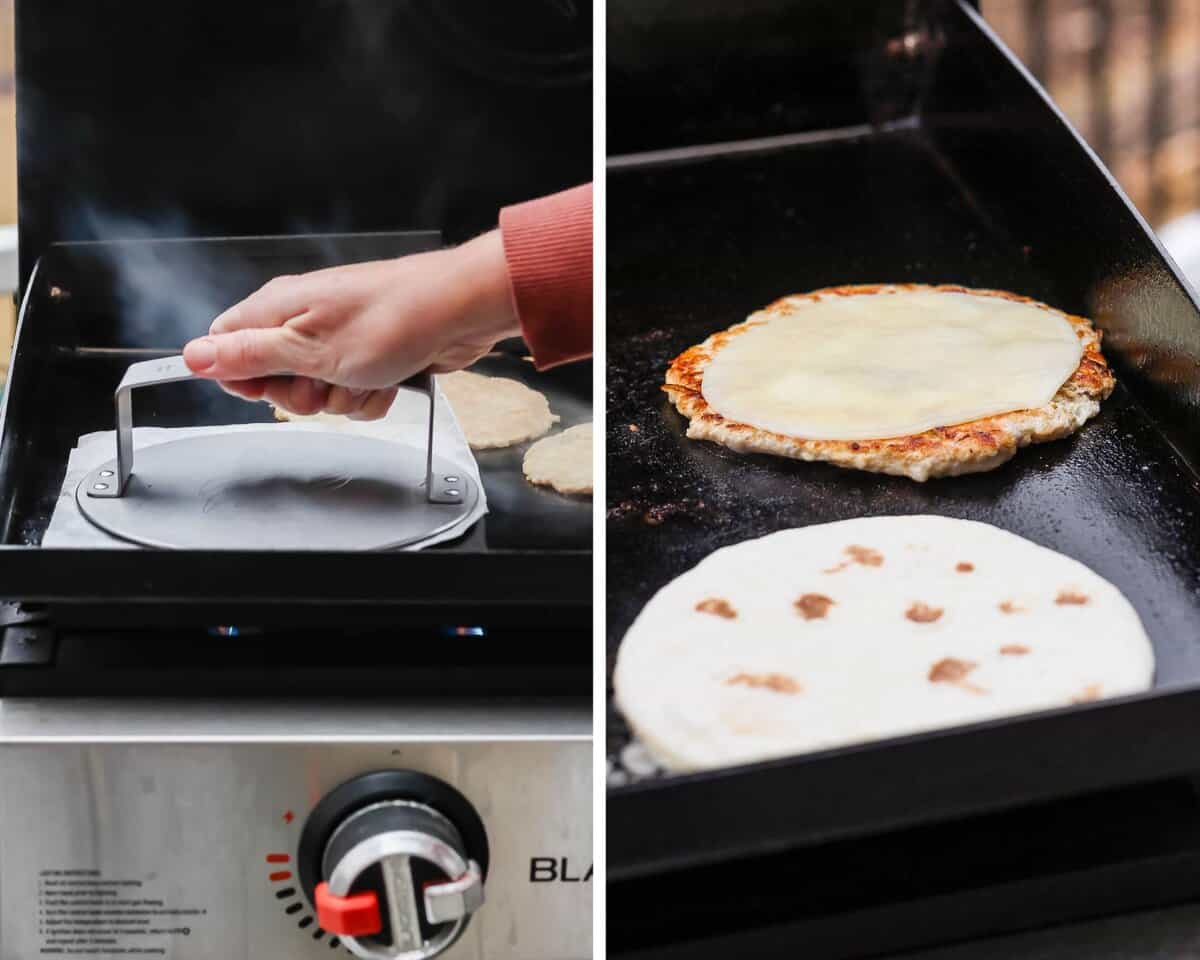 A hand pressing down on a a burger press on a cooktop over a chicken patty. Another photo showing the chicken patty on top of a tortilla topped with a slice of cheese.