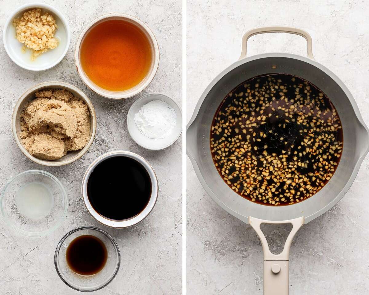 Two images showing the ingredients for the marinade and sauce in separate bowls and mixed in a saucepan.