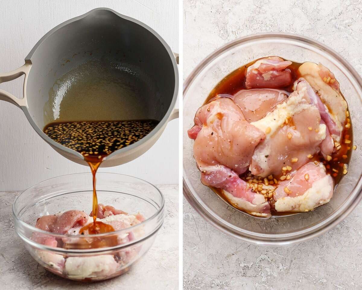 Two images showing some of the sauce being poured over chicken thighs and chicken marinating in a glass bowl.