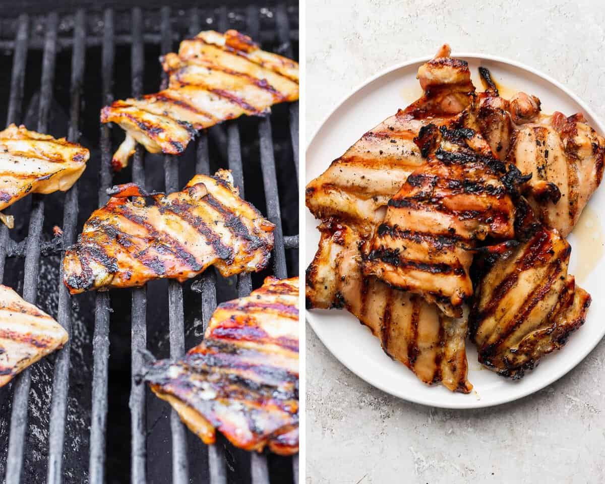 Two images showing the chicken thighs on the grill and resting on a plate.