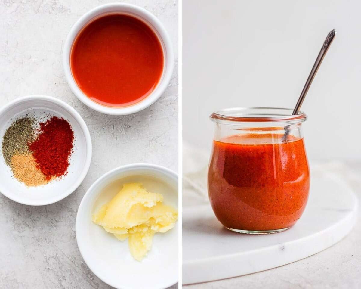 Individual bowls of ghee, paprika, garlic powder, salt, pepper, and Frank's hot sauce. All of those ingredients in a small jar with a spoon.