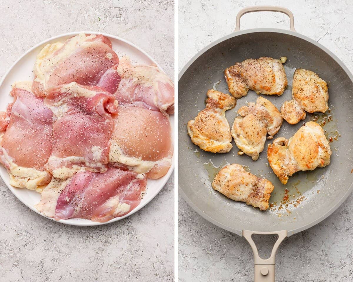 A plate with raw chicken thighs on a plate seasoned with salt and pepper. Cooked chicken thighs in a skillet.