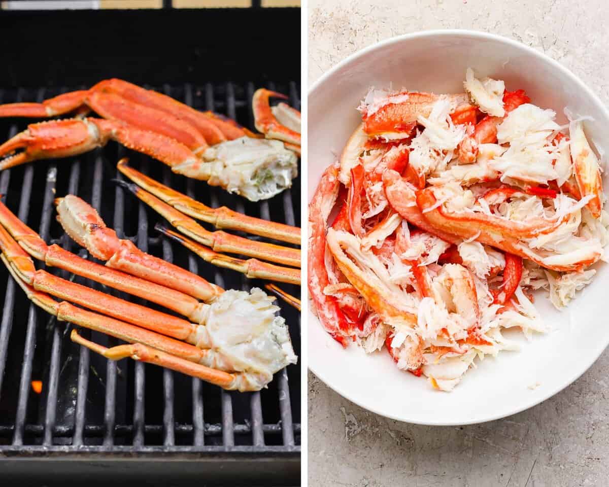Two images showing snow crab clusters on a grill and the crab meat in a large white bowl.