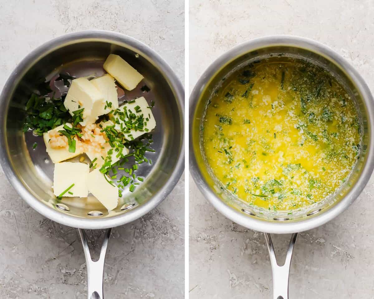 Two images showing the butter mixture before melting and after.