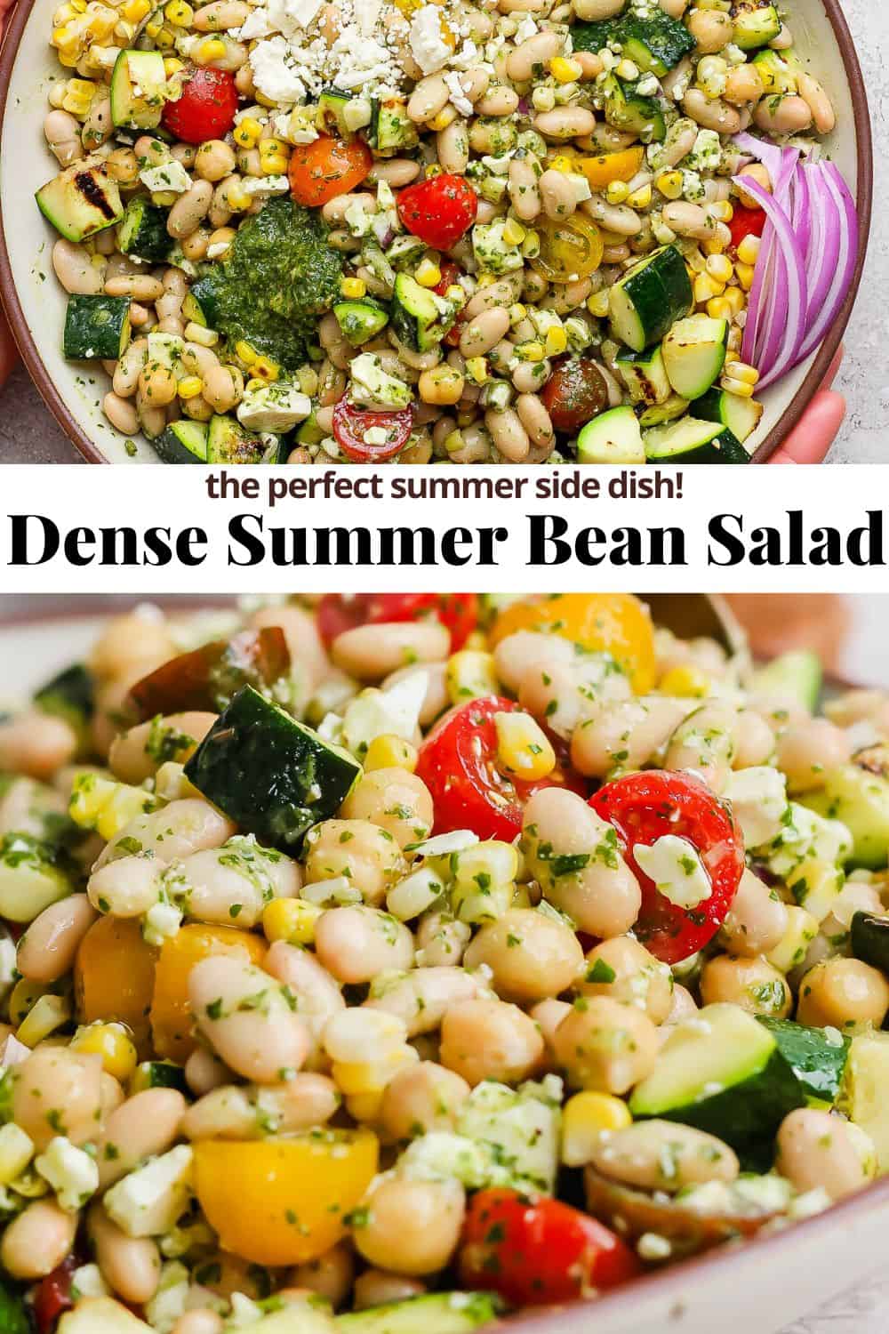Pinterest image showing dense bean salad with the title Dense Summer Bean Salad the perfect summer side dish.