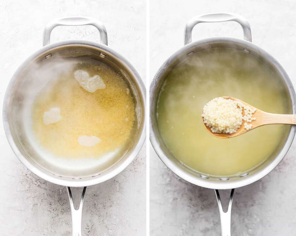 Two images showing the pasta cooking in hot water and some of it being scooped out.