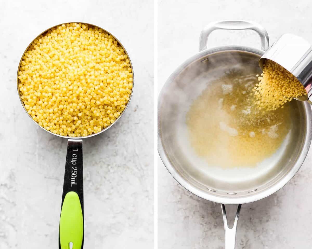 Two images showing a measured cup of pasta and then being poured into boiling water.