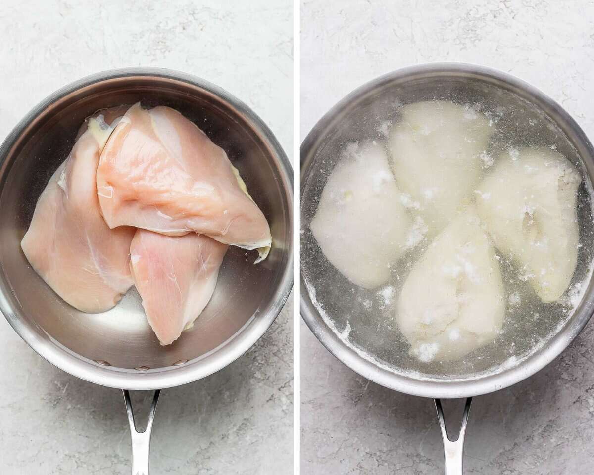 Two images showing the chicken breasts in water in a pot and then after they have cooked.