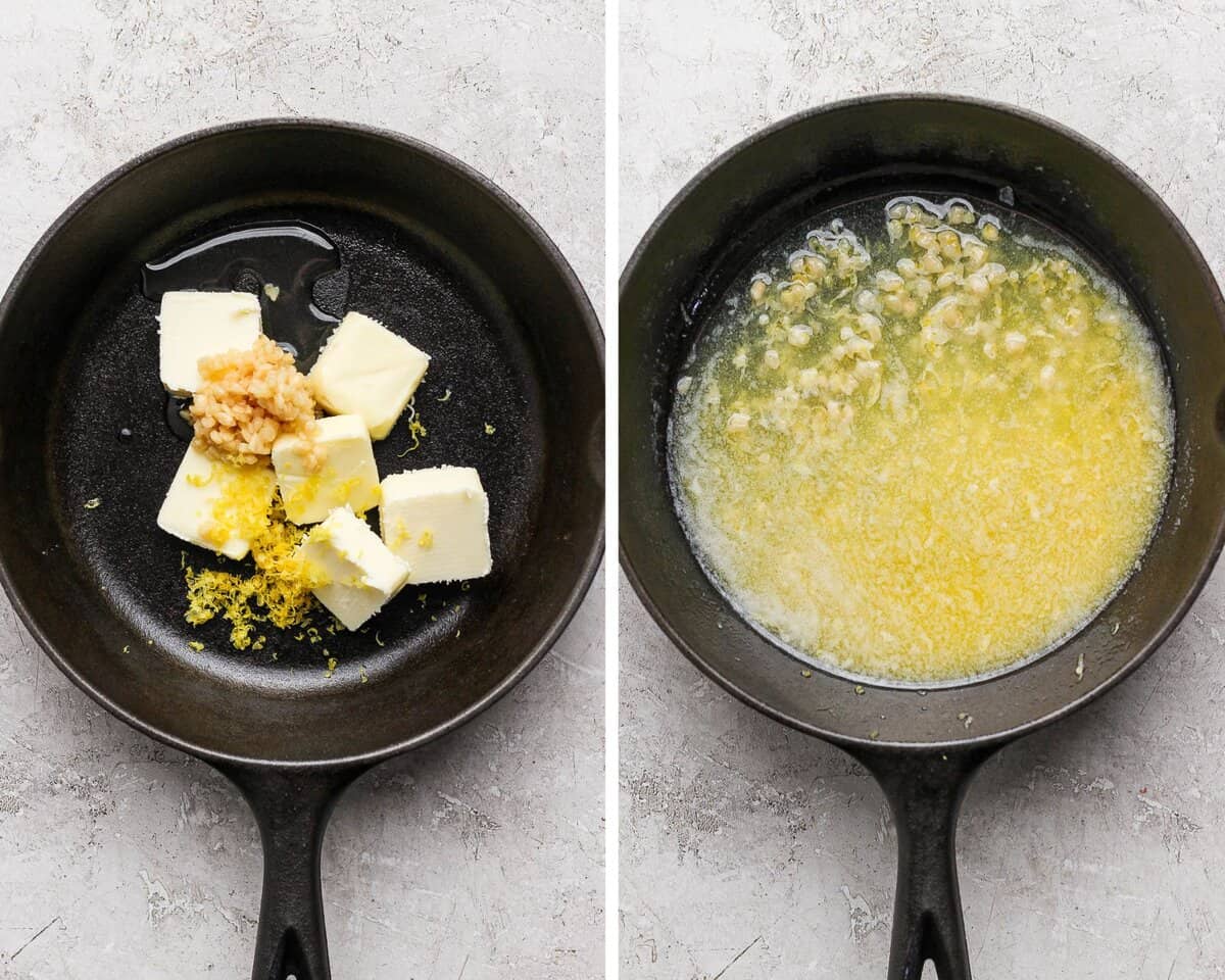 Two images showing the butter mixture before melting and after.
