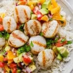 Close up shot of a plate with rice and then a citrus salsa and grilled scallops on top.