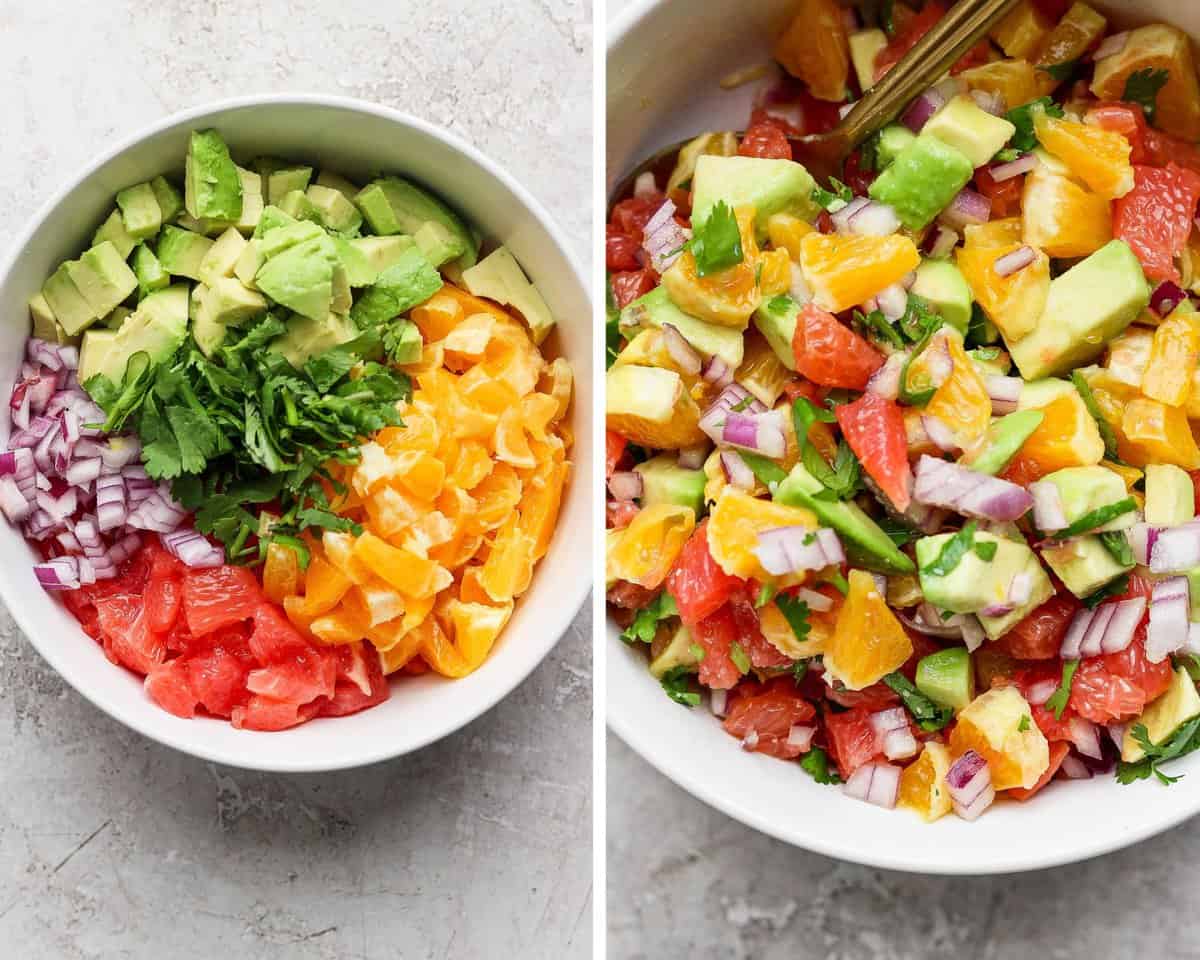Two images showing the citrus salad before mixing and after.