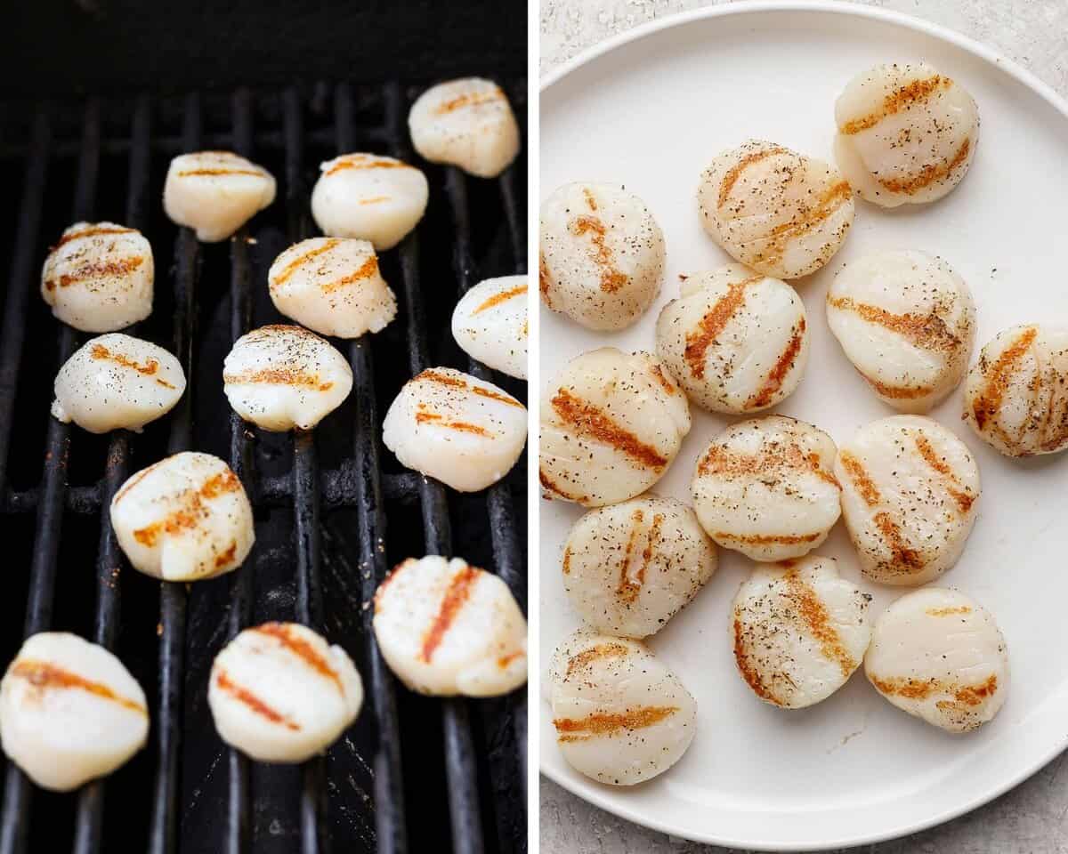 Two images showing the scallops on the grill and fully cooked on a plate.