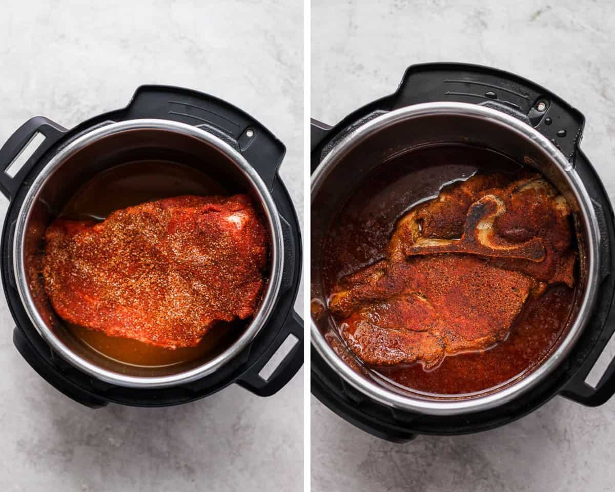 Two images showing the pork shoulder in the Instant Pot before cooking and after.