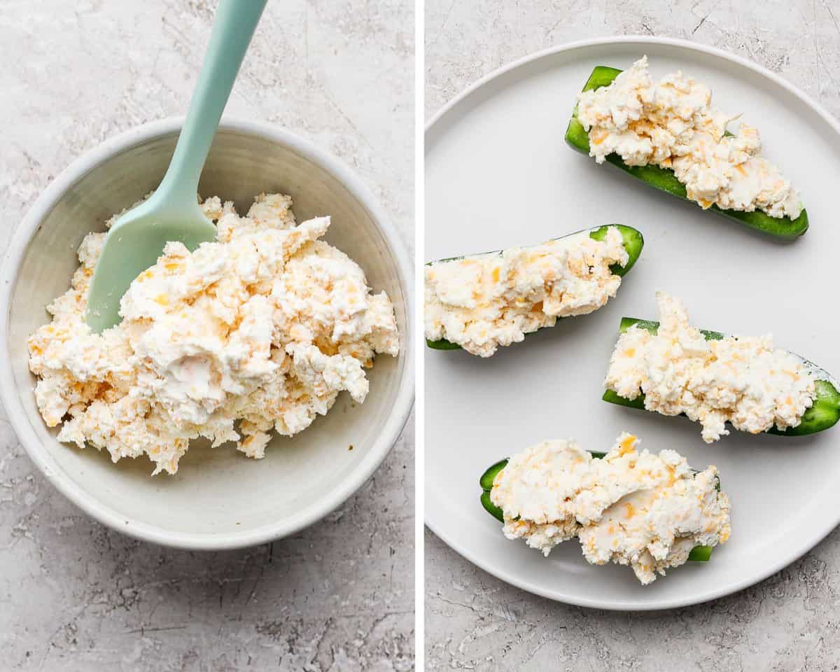 Two images showing the cheese mixture in a small bowl and stuffed into jalapeno halves.