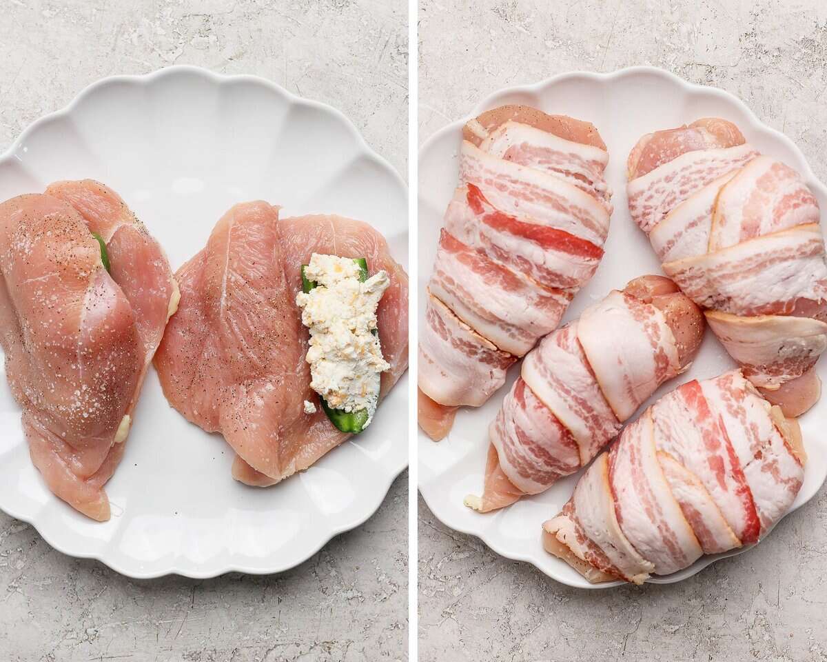 Two images showing a jalapeno popper on a butterflied chicken breast and four stuffed chicken breasts wrapped in bacon.
