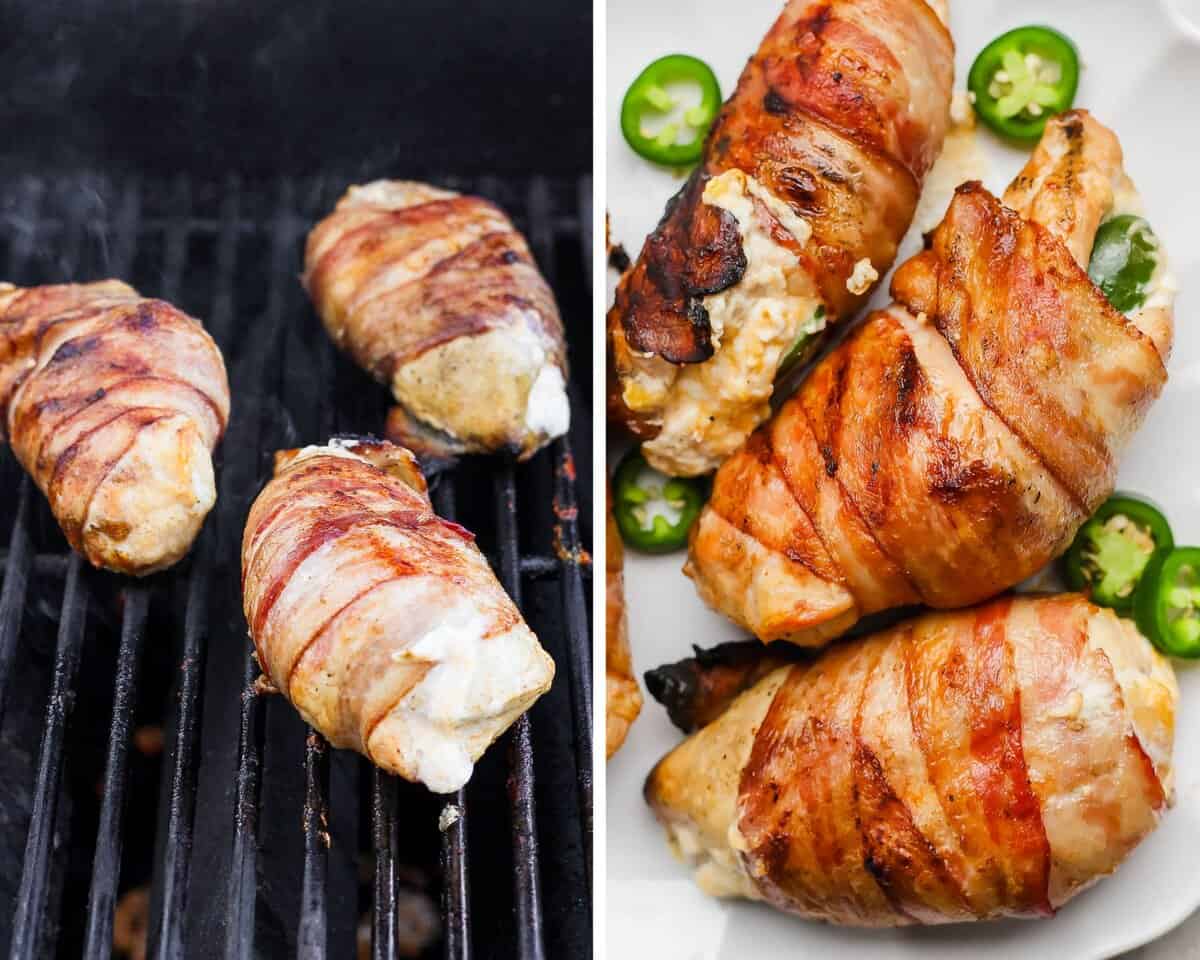 Two images showing wrapped chicken breasts on a grill and fully cooked on a white plate.
