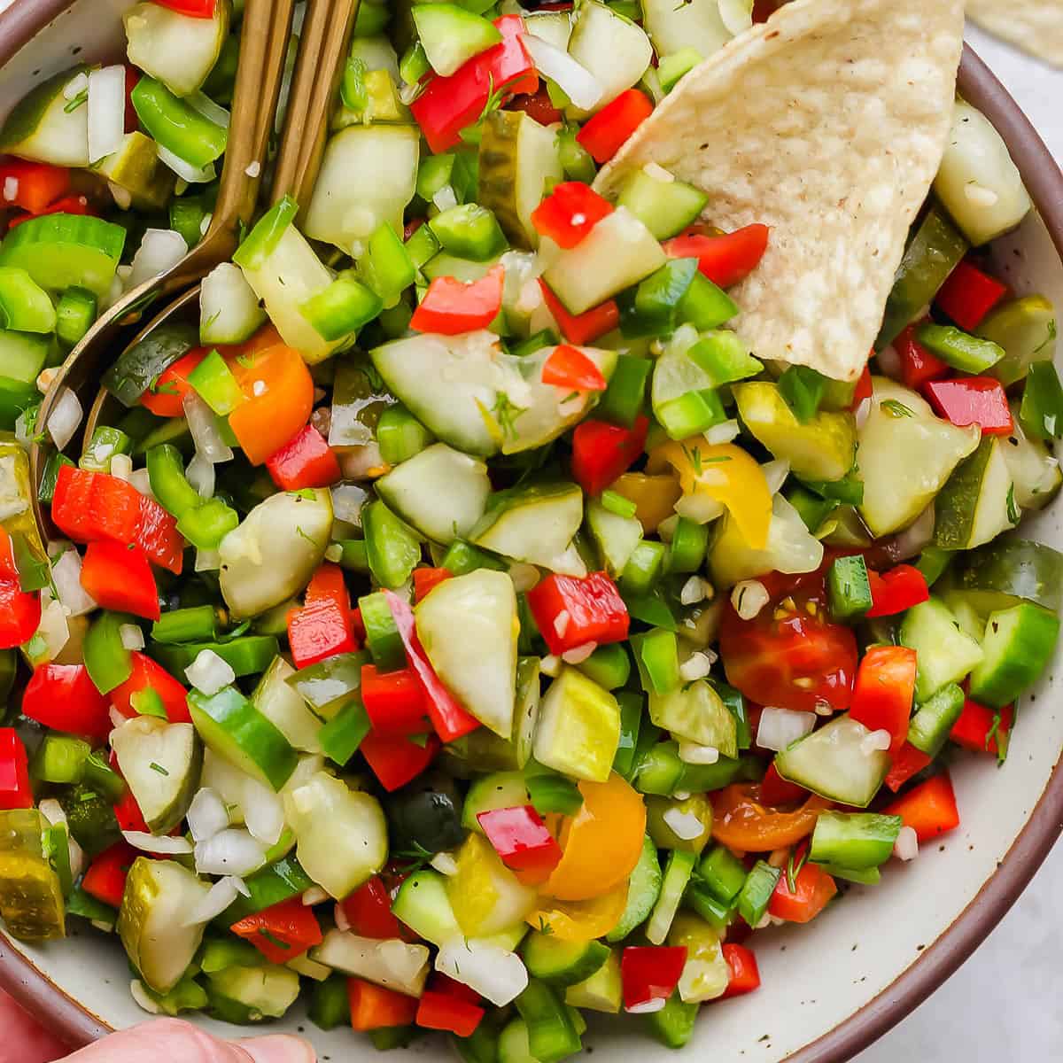 Close up of a big bowl of pickle de gallo with a corn chip sticking out.