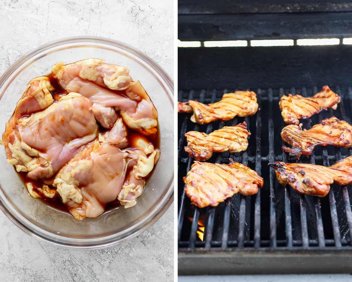Teriyaki Chicken Bowls - simple and delicious weeknight dinner (or meal prep!) that your whole family will love! (Whole30, Paleo, GF + DF) #teriyakichickenbowls #teriyakichickenbowl #whole30dinner #instantpotmeals #paleodinner #healthychickendinner Chicken thighs in a bowl with soy sauce and chicken thighs on the grill.
