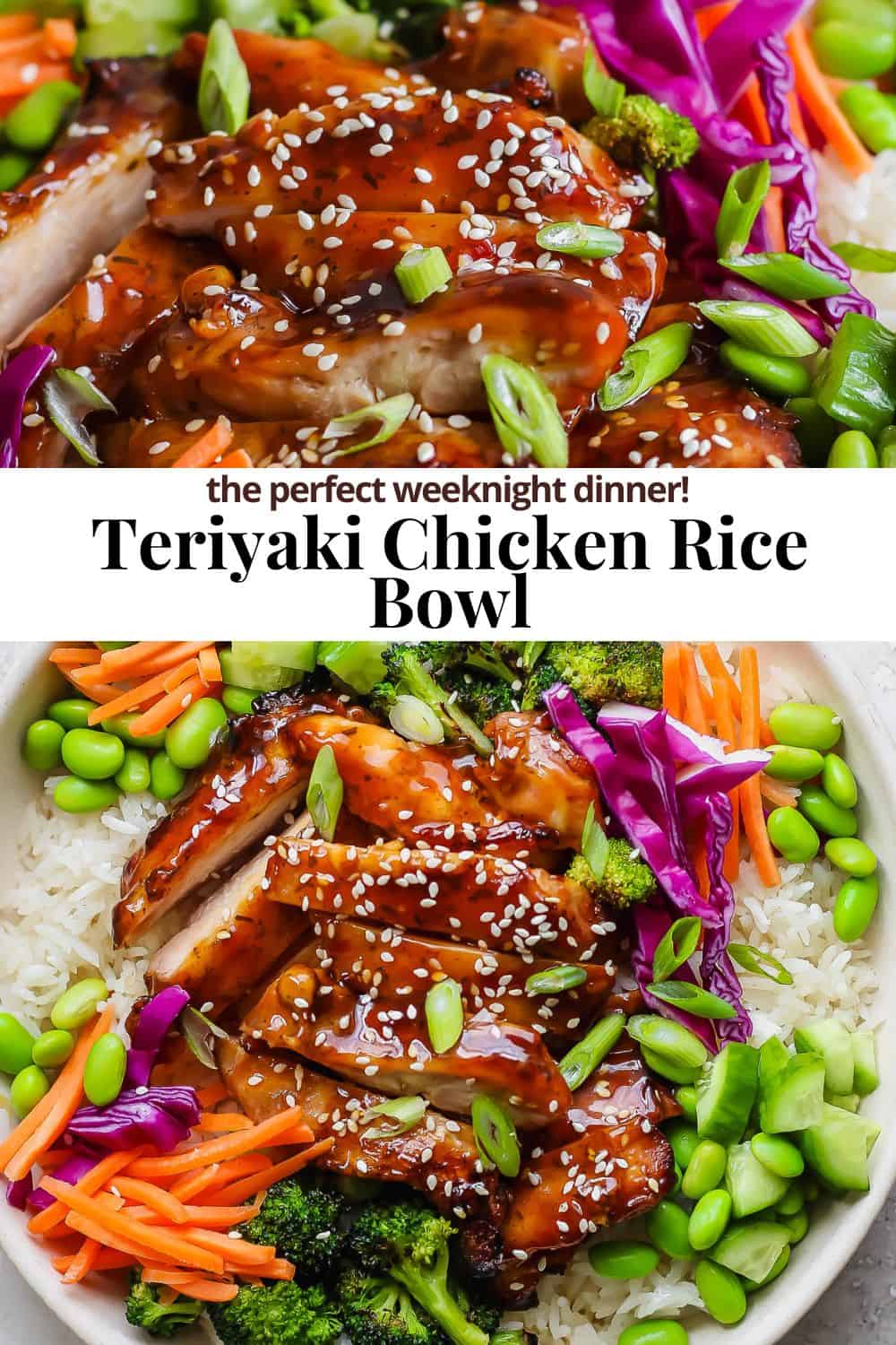 Teriyaki Chicken Bowls - simple and delicious weeknight dinner (or meal prep!) that your whole family will love! (Whole30, Paleo, GF + DF) #teriyakichickenbowls #teriyakichickenbowl #whole30dinner #instantpotmeals #paleodinner #healthychickendinner Pinterest image showing teriyaki chicken rice bowl.