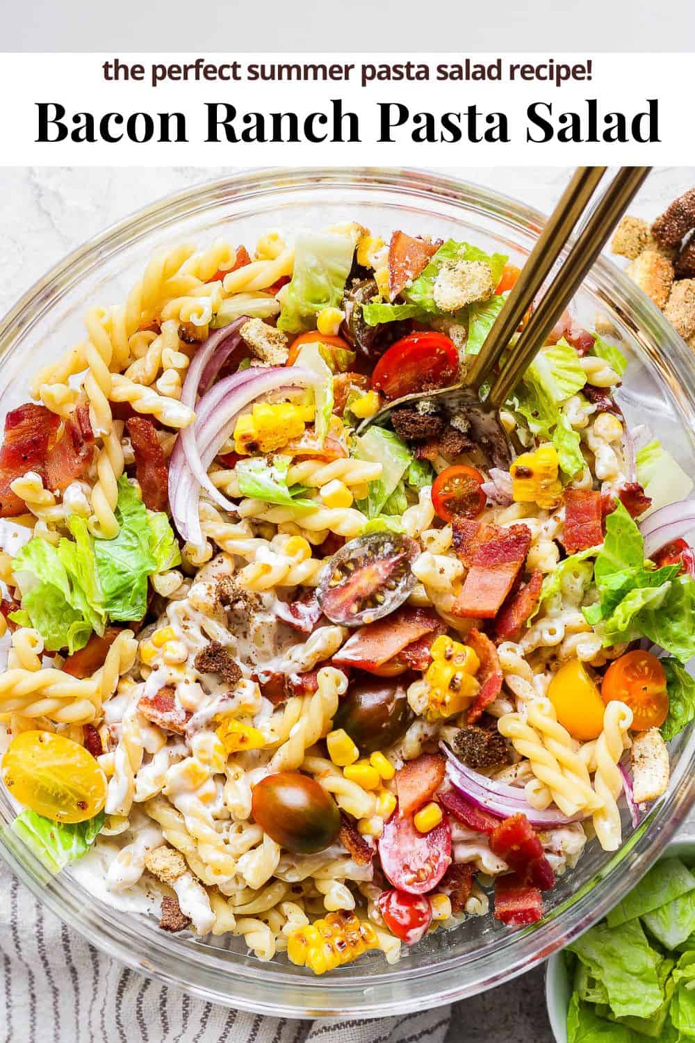 Pinterest image for bacon ranch pasta salad.