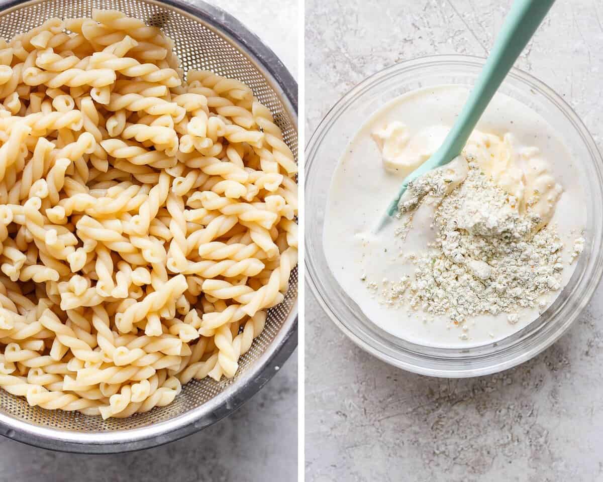 Two images showing cooked noodles in a colander and a bowl of the sauce ingredients.