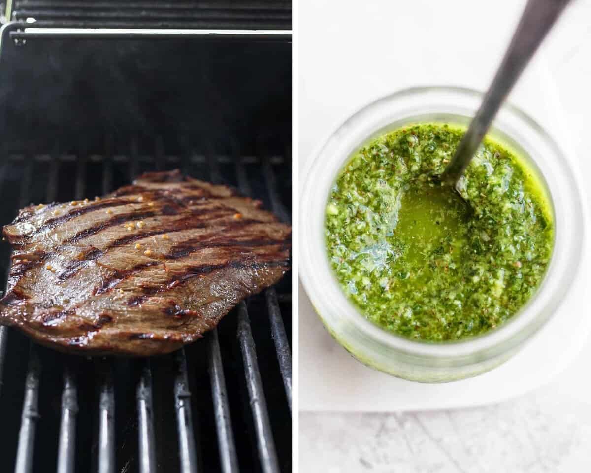 Two images showing the marinated steak on the grill and a jar of chimichurri sauce.