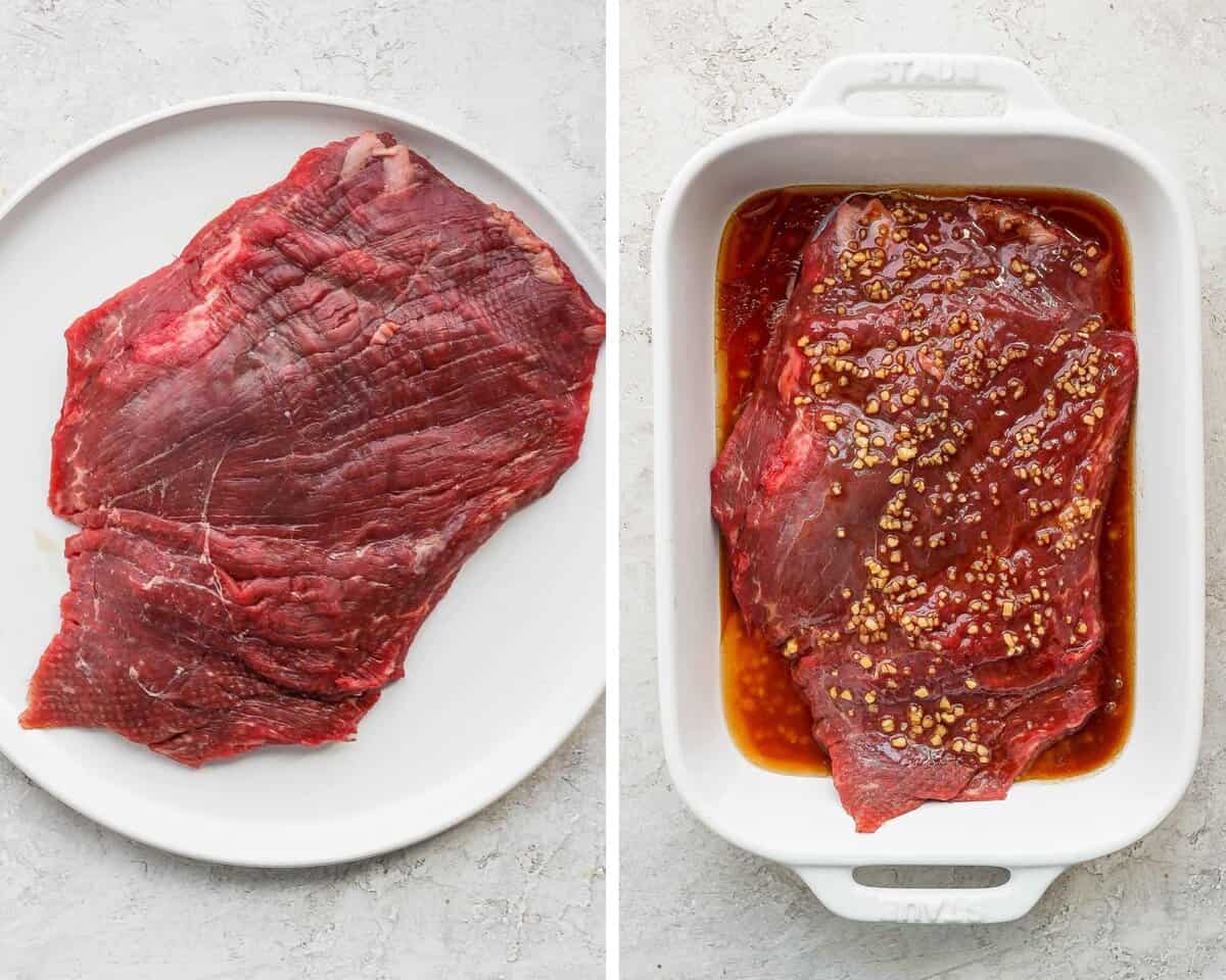 Two images showing the steak on a white plate and marinating in a white baking dish.